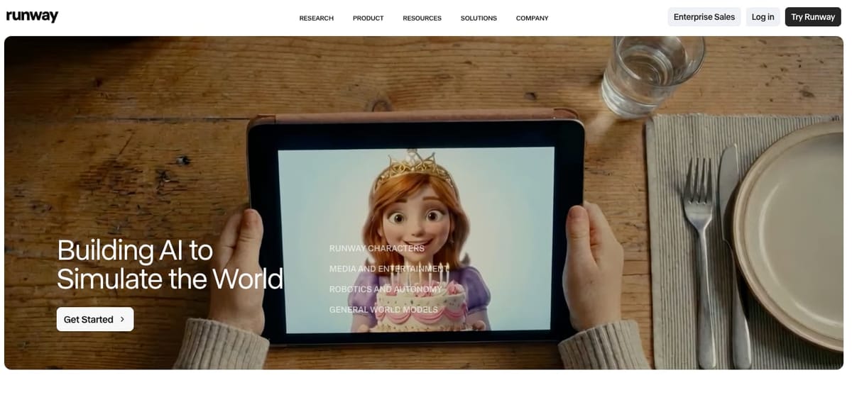 Runwayの公式サイトのトップ画面。「Building AI to Simulate the World」の見出しと、タブレットにAI生成のキャラクター映像が映る写真